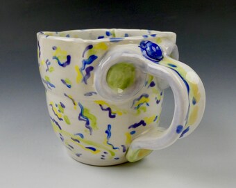 White Blue Yellow Swirl Porcelain Mug / Square Ceramic Coffee Cup with Comfy Handle