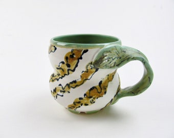 Animal Striped Stoneware Mug / Brown Green & White Ceramic Coffee Cup