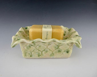 Textured Pale Green Soap Dish- Porcelain / Sponge Brush - Ceramic / Handmade One of a Kind