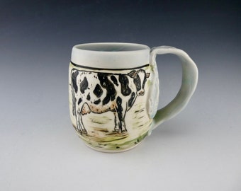 Dairy Cow Mug - Porcelain / Hand Glaze Painted Ceramic Coffee Cup / Handmade One of a Kind