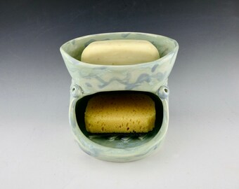 Green Soap or Sponge Dish - Porcelain / Handmade Ceramic Soap Dish / Scrub Brush Holder