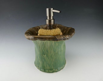 Gold Green Dispenser Brush/Soap Dish - Porcelain / Ceramic Sponge Dish Dispenser / Handmade One of a Kind