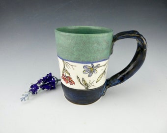 Green & Blue Flower Mug- Porcelain / Hand Glaze Painted Ceramic Coffee Cup / Handmade One of a Kind