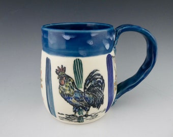 Blue Chicken Porcelain Mug / Hand Glaze Painted Striped Ceramic Coffee Cup / Handmade One of a Kind