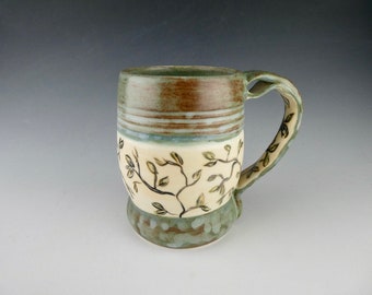 Blue Green Vine Mug - Porcelain / Hand Glaze Painted Ceramic Coffee Cup / Handmade One of a Kind