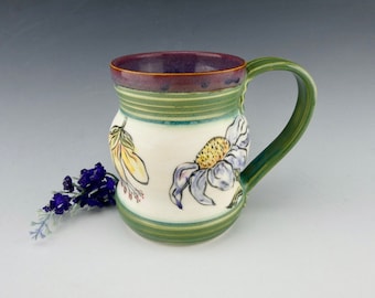 Green Purple Flower Mug - Porcelain / Hand Glaze Painted Ceramic Coffee Cup / Handmade One of a Kind