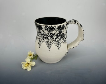 Black & White Lace Porcelain Mug / Handmade One of a Kind Ceramic Coffee Cup