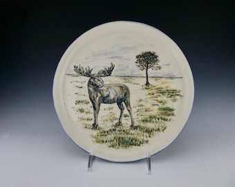 Moose Plate -Porcelain / Hand Glaze Painted Landscape Ceramic Serving Dinner Dish / Handmade One of a Kind