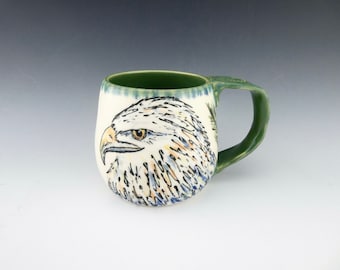 Eagle Porcelain Mug / Hand Glaze Painted Ceramic Coffee Cup / One of a Kind