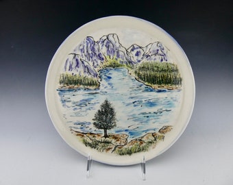 Lake Landscape Plate -Porcelain / Hand Glaze Painted Trees Hills Lake Scene Ceramic Serving Dinner Dish / Handmade One of a Kind