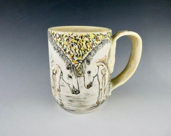 White Horses Mug - Porcelain / Hand Glaze Painted Ceramic Coffee Cup / Handmade One of a Kind