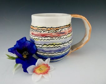 Colorful Striped Porcelain Mug / Hand Glaze Painted Ceramic Coffee Cup / Handmade One of a Kind