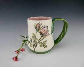Pink Roses Mug - Porcelain / Hand Glaze Painted Ceramic Coffee Cup / Handmade One of a Kind
