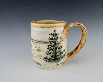 Tree Landscape Porcelain Mug / Hand Glaze Painted Ceramic Coffee Cup / Handmade One of a Kind