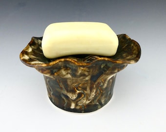 Marbled Brown Porcelain Soap Dish / Handmade Glazed Ceramic Sponge Holder / One of a Kind