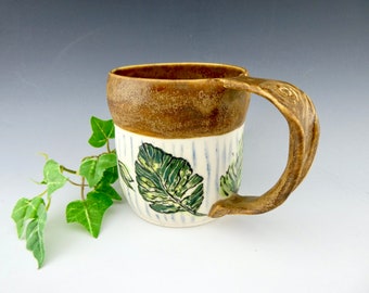 Painted Leaf Porcelain Mug / Hand Glaze Painted Leaves & Vined Ceramic Coffee Cup / Handmade One of a Kind / Tea Cup