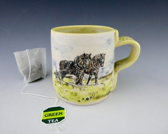 Horses Porcelain Mug / Hand Glaze Painted Ceramic Coffee Cup / One of a Kind Tea Cup / Handmade in Idaho