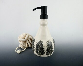 Black & White Fern Soap Dispenser - Porcelain / Hand Glaze Painted Ceramic Lotion Dispenser / Handmade One of a Kind