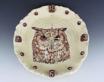 Stoneware Owl Wall Clock / Ceramic Brown Owl Clock