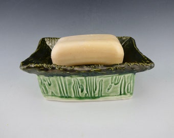 Bronze & Green Soap Dish - Porcelain / Sponge or Brush Holder - Ceramic / Handmade One of a Kind