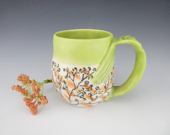 Lime Green Orange Flower Mug - Porcelain / Hand Glaze Painted Ceramic Coffee Cup / Handmade One of a Kind