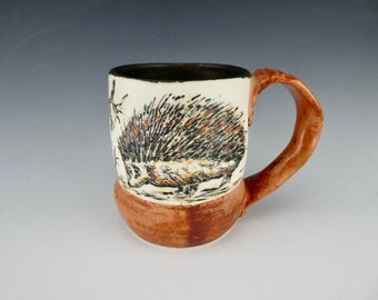 Hedgehog Mug - Porcelain / Hand Glaze Painted Ceramic Coffee Cup / Handmade One of a Kind