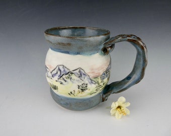 Blue Landscape Mug - Porcelain / Hand Glaze Painted Ceramic Coffee Cup / Handmade One of a Kind