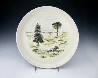 Landscape Cow & Trees Plate- Porcelain/ Hand Glaze Painted Ceramic Dinner Serving Plate / Handmade One of  Kind