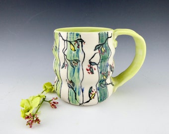 Striped Green Porcelain Mug / Hand Glaze Painted Ceramic Coffee Cup / Handmade One of a Kind