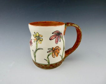 Copper Flower Mug - Porcelain / Hand Glaze Painted Floral White Ceramic Coffee Cup / Handmade One of a Kind