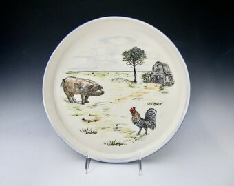 Pig Farmhouse Landscape Plate- Porcelain / Hand Glaze Painted Ceramic Serving Dinner Plate / Handmade One of a Kind