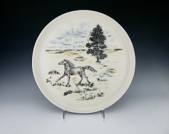 Running Horse Landscape PLate- Porcelain / Hand Glaze Painted Ceramic Serving Decorative Plate / Handmade One of a Kind