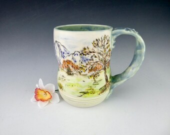 Landscape Tree Mountain Mug - Porcelain / Hand Glaze Painted Ceramic Coffee Cup / Handmade One of a Kind