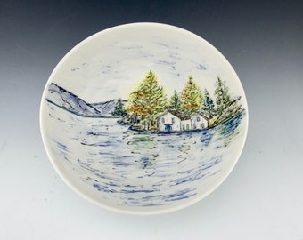 Lake Scene Handpainted Porcelain Bowl / Handmade Art Ceramic Bowl / One of a Kind