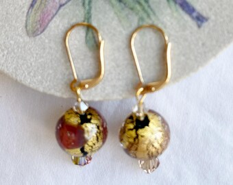 Murano Gold Leaf/multi colors 14 mm Lever backs Earrings