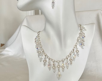 Wedding Austrian Crystals Hammered Sterling Silver Chain 20" Necklace Set