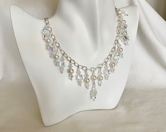 Necklace Set Austrian Crystals Hammered Sterling Silver Chain 20"