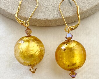 Murano Gold leaf 16mm Lever backs Drop Earrings