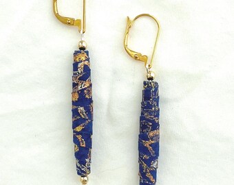 Batik Beauty Earrings Blue/Gold 2.5 in Drop Lever backs