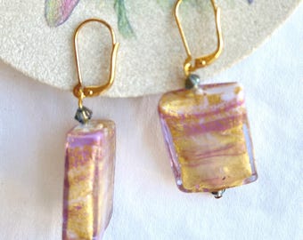 Earrings Murano Beads Gold Leaf Pink Lever backs