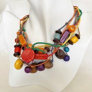 Necklace 7-strands Wood Beads Multicolor Vintage
