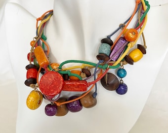 Necklace 7-strands Wood Beads Multicolor Vintage