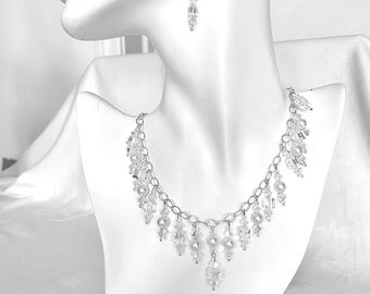 Austrian Crystals Hammered SS Chain 20" Necklace Set Special Occasion
