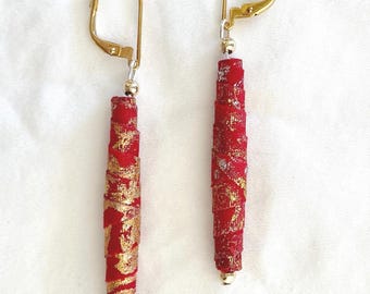 Batik Beauty Beads 2.5 in Red/Gold Drop Lever back Earrings