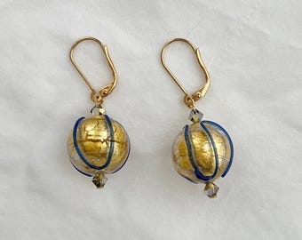 Earrings Murano Gold Leaf/Blue 16 mm Beads. Lever backs