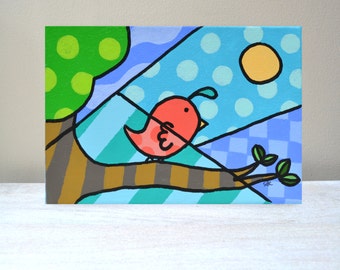 Original Painting- Bird on a Branch 5 x 7, whimsical and colorful art