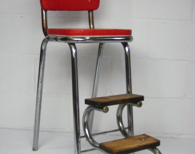 Vintage Kitchen Stool, Mid Century Red and Chrome With Fold Out Steps