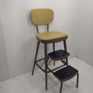 Yellow and Black Matte  Mid-Century Ames Maid  Stool w/ Padded Seats, Back Rest and Fold Out Steps Cosco stool Bronze.