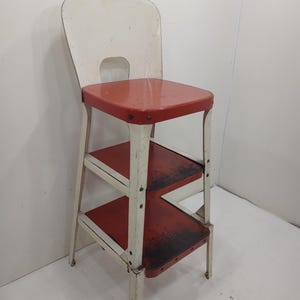 Vintage Kitchen Stool, Cosco Step Stool, Folding Step Stool, White & Red Metal Stool, Mid Century Fold Out Steps, Farm Stool