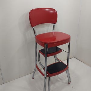 Red and Chrome Mid-Century Cosco  Stool w/ Padded Seats, Back Rest and Fold Out Steps
